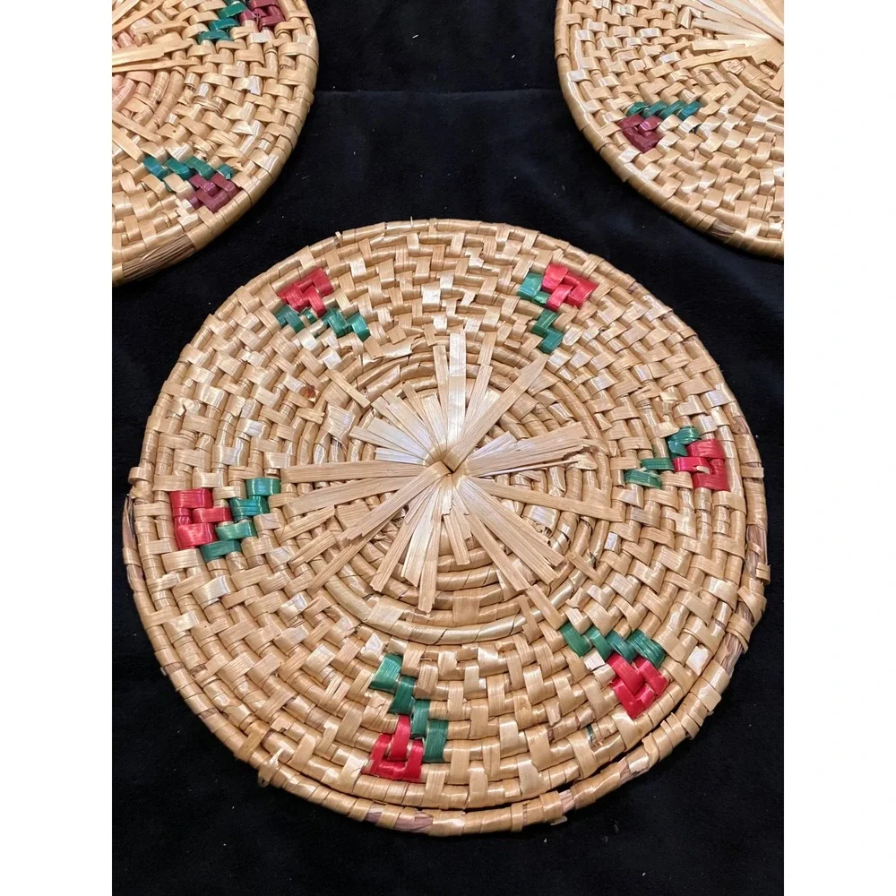 Woven Straw Trivet Set Tan Pink Green Floral Boho 3pc